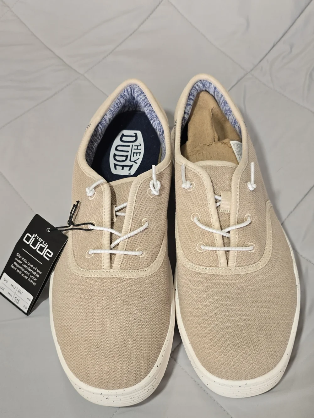 Hey Dude Men's Beige Canvas Boat Shoes with White Laces